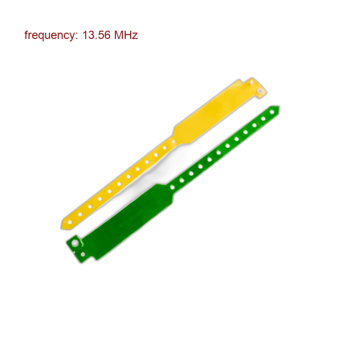 Two long perforated metal strips, one yellow and one green, laid diagonally; likely RFID/antenna strips for 13.56 MHz.