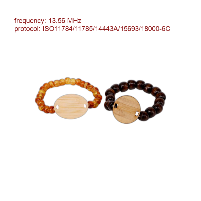 Two wooden bead bracelets with circular wooden plates, one in amber beads and the other in dark brown beads.