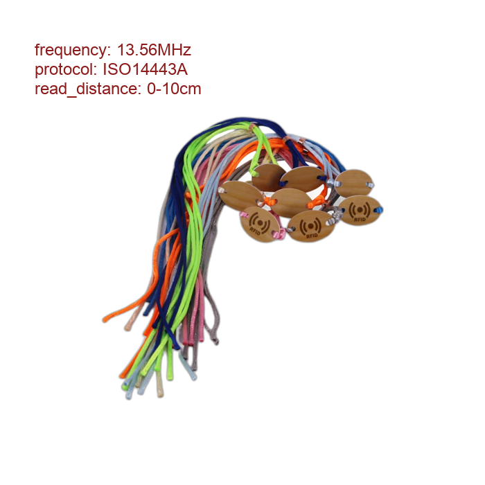 Colorful RFID wristbands with circular brown tags attached to fabric lanyards, used for access control or event tagging.