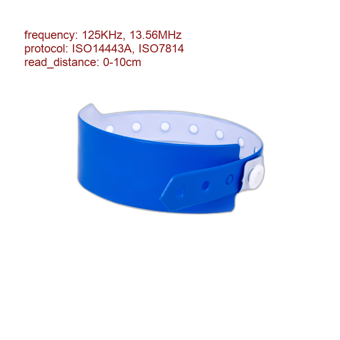 Blue adjustable wristband with a white circular snap closure and holes along the strap.