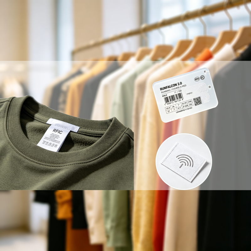 Olive green shirt on a rack with RFID tag and a circular NFC patch in the foreground.