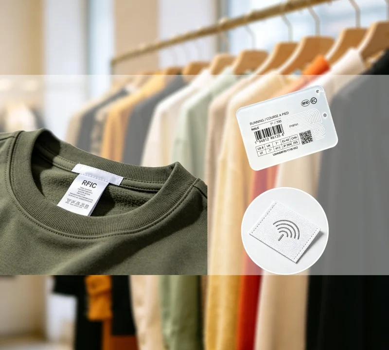 Close-up of an olive-green shirt on a rack, showing an RFID label and a small circular NFC tag nearby among other hung clothes