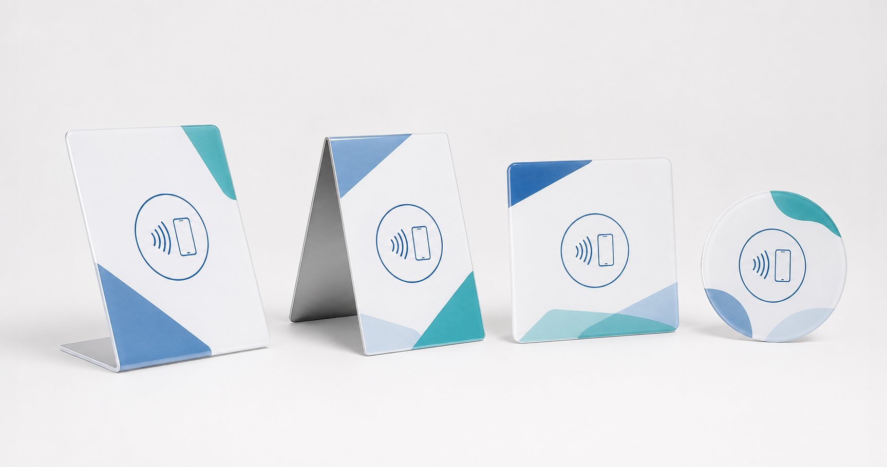 Illustration of custom acrylic NFC stand and plaque form options