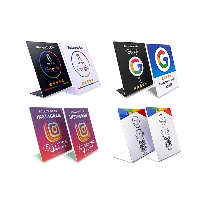 Real L-shaped acrylic NFC stands with Instagram and review artwork