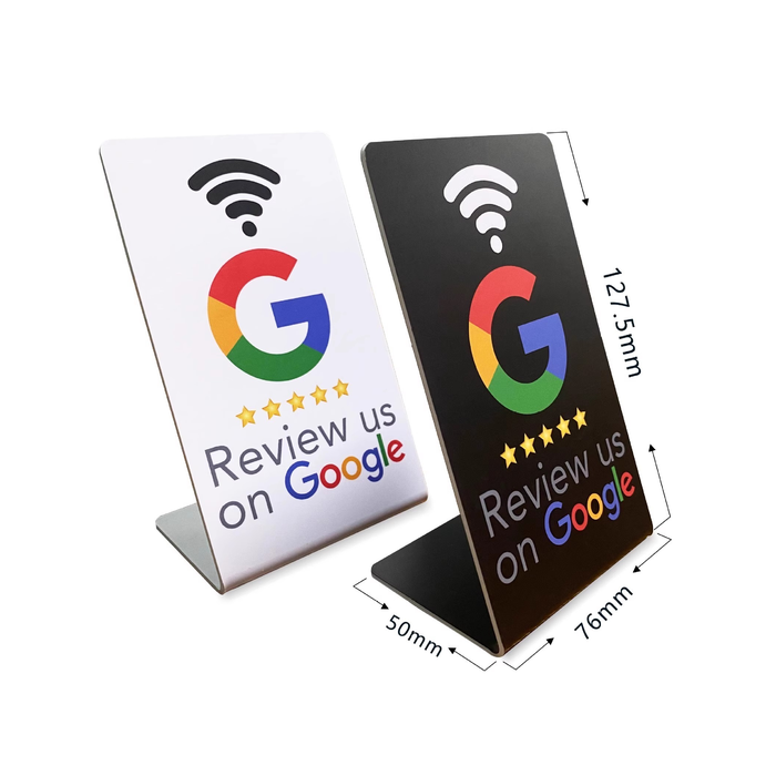 L-shaped acrylic NFC table stand in 76 × 127.5 mm face size with 50 mm base