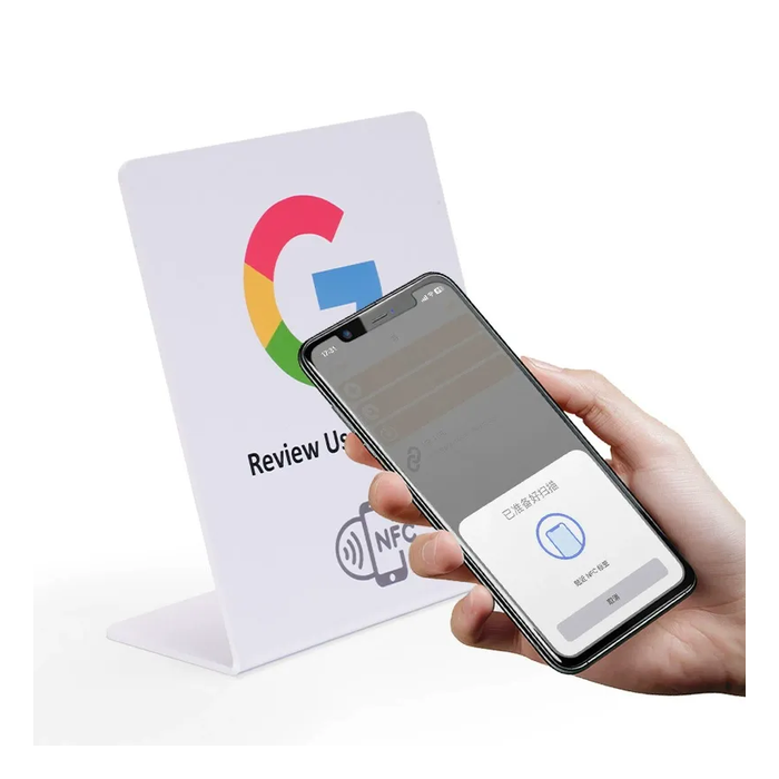 Phone tapping a real L-shaped acrylic NFC table stand