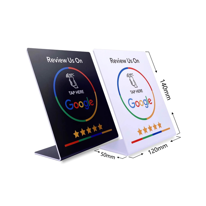 L-shaped acrylic NFC table stand for branded countertop displays