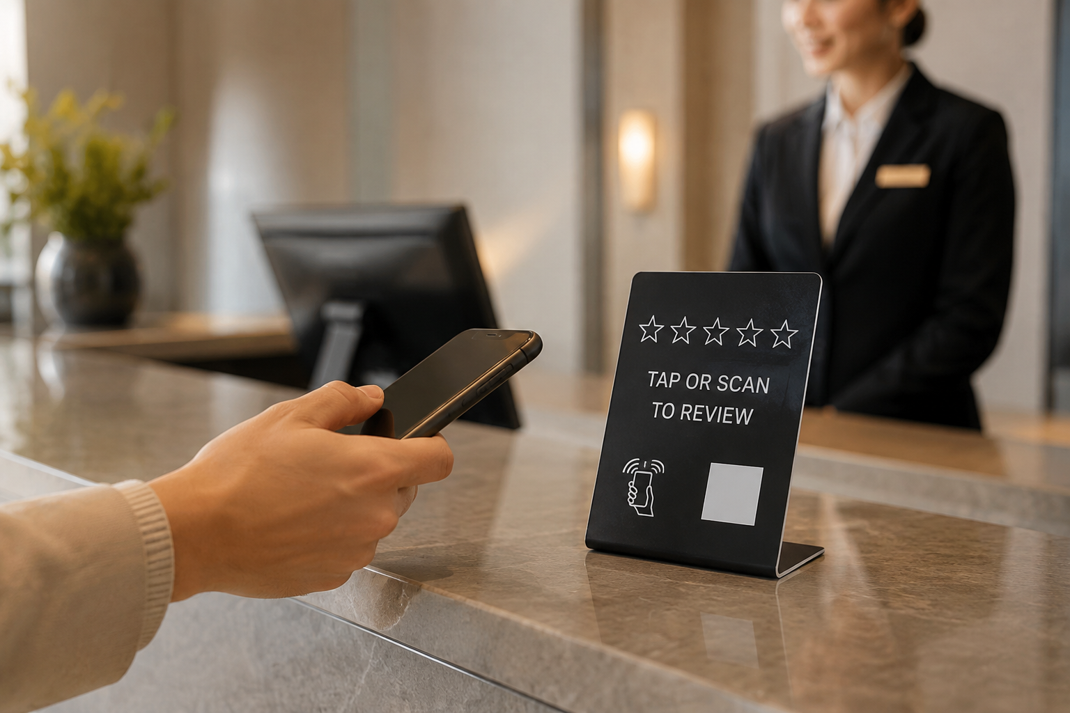 Illustration of a custom NFC Google review stand at a reception counter