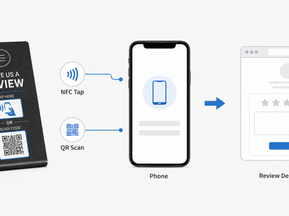 Diagram of NFC tap or QR scan opening a review destination on a phone