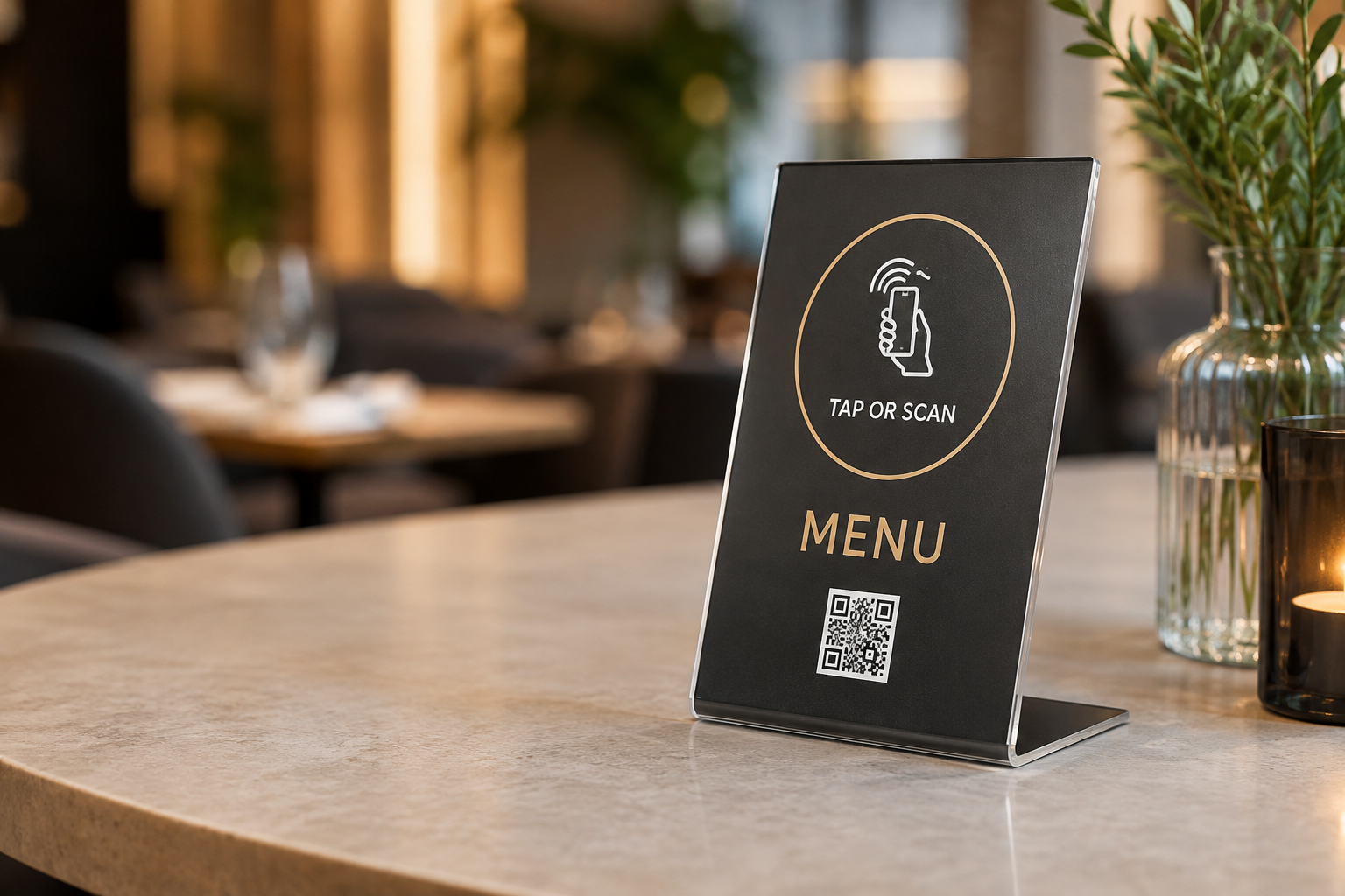 Restaurant guest using a smartphone with a branded acrylic digital menu display