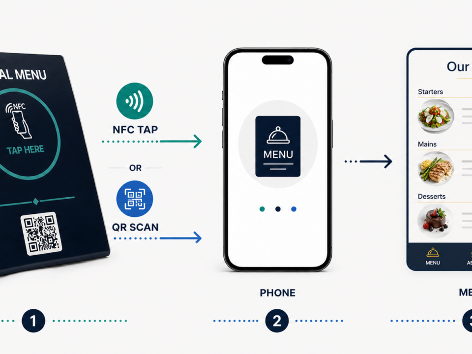 Diagram showing NFC tap or QR scan opening a digital menu