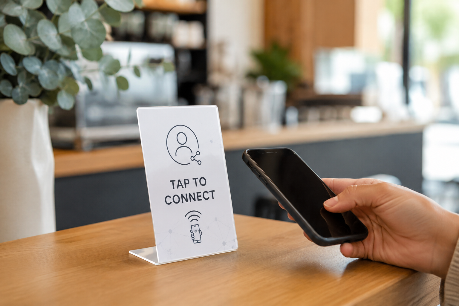 Illustration of a custom NFC social media stand at a café counter