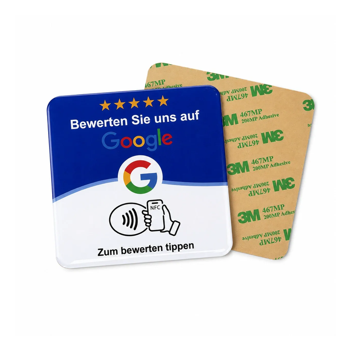 Rectangular acrylic NFC plaque shown with adhesive backing