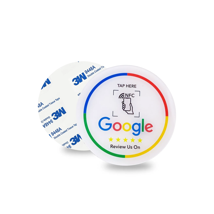Round acrylic NFC plaque shown with adhesive backing