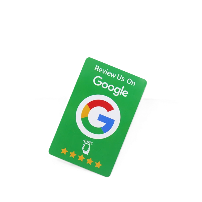 Green review card with Google review artwork and an NFC tap symbol.
