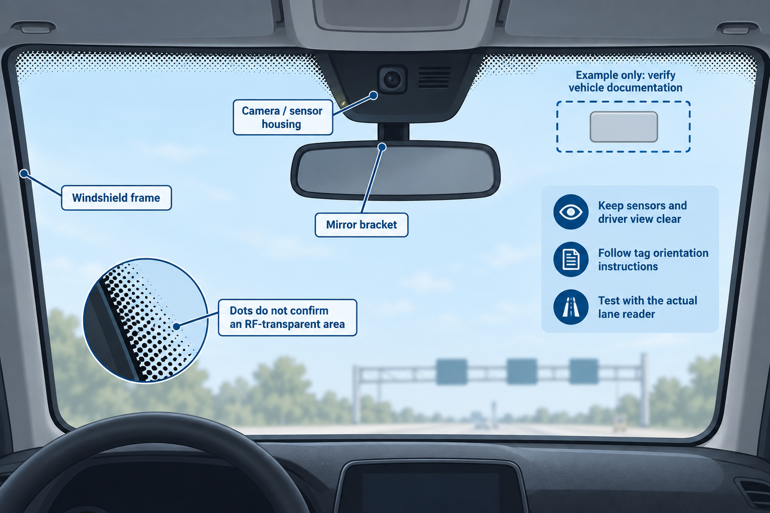 Windshield illustration showing an example tag area, mirror bracket, sensor housing, windshield frame and enlarged black dotted glass.