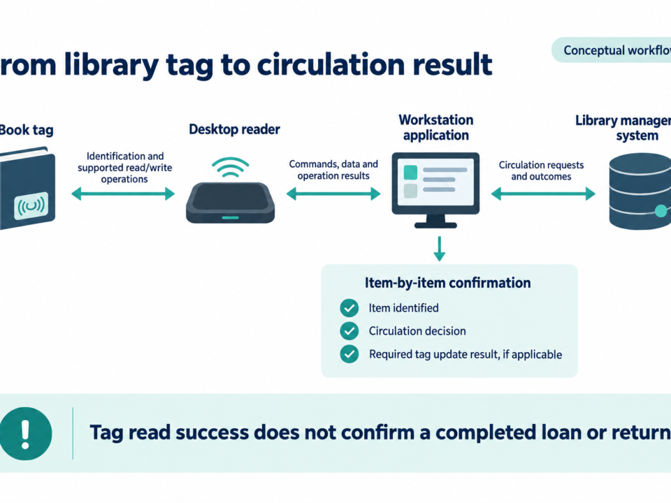 Conceptual diagram connecting a book tag, desktop reader, workstation application and library management system, with separate item identification, circulation decision and required tag update results.