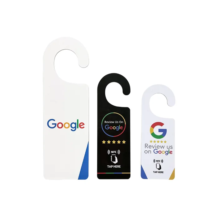 Three hook-shaped hotel door hangers in different sizes with review artwork.