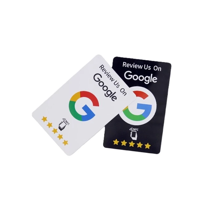 Black and white review cards with Google review artwork and NFC tap symbols.