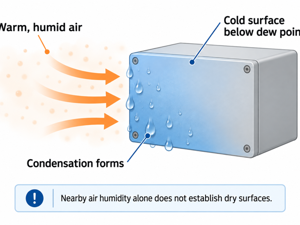 Orange arrows show warm, humid air approaching a cold enclosure surface below the dew point, where exterior condensation droplets form.