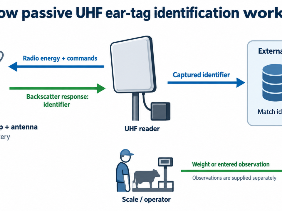 Diagram of a UHF reader powering a battery-free ear tag, receiving its identifier by backscatter and forwarding it to external animal records, with observations supplied separately.