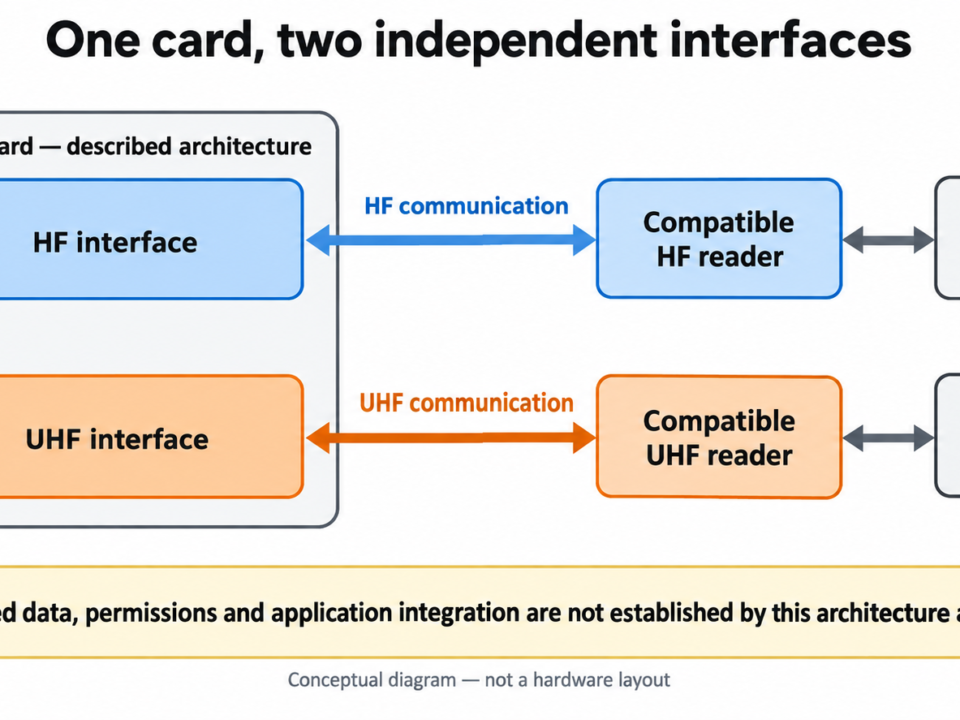 Conceptual diagram of HF and UHF interfaces within one physical card, each connected through its compatible reader to a separate application.