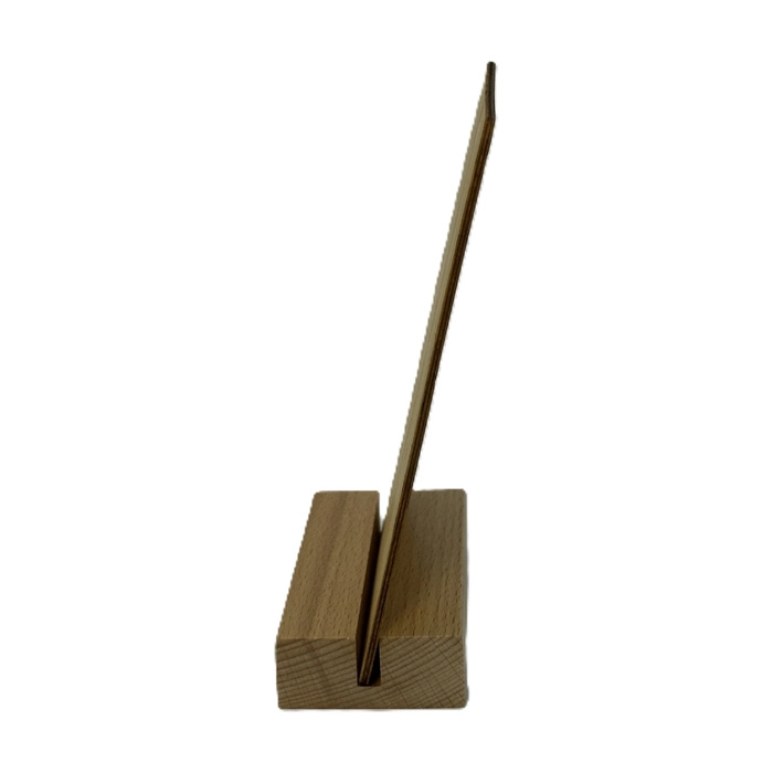 Side view of a plain bamboo tabletop plaque fitted into its block base.