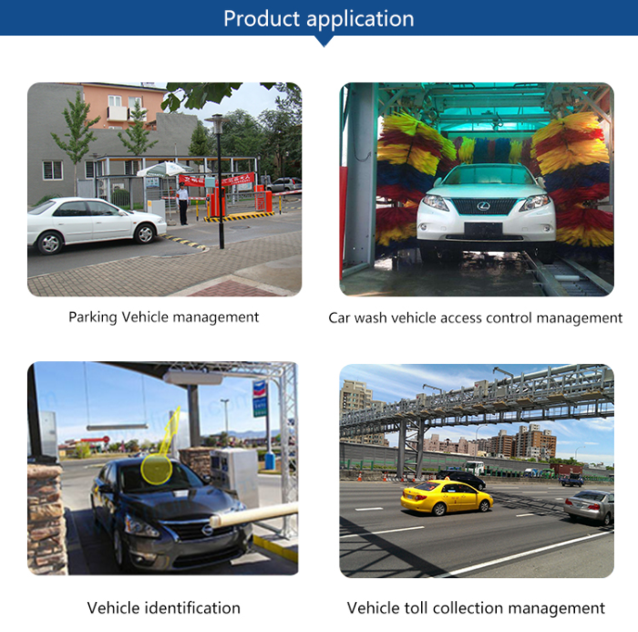 Four application scenes showing a parking entrance, automatic car wash, vehicle identification lane with a highlighted windshield area, and highway toll gantry.