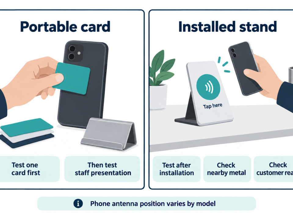 Portable card held near a phone with spare cards and a metal holder set aside, beside a countertop NFC stand with installation, nearby-metal and customer-reach checks.