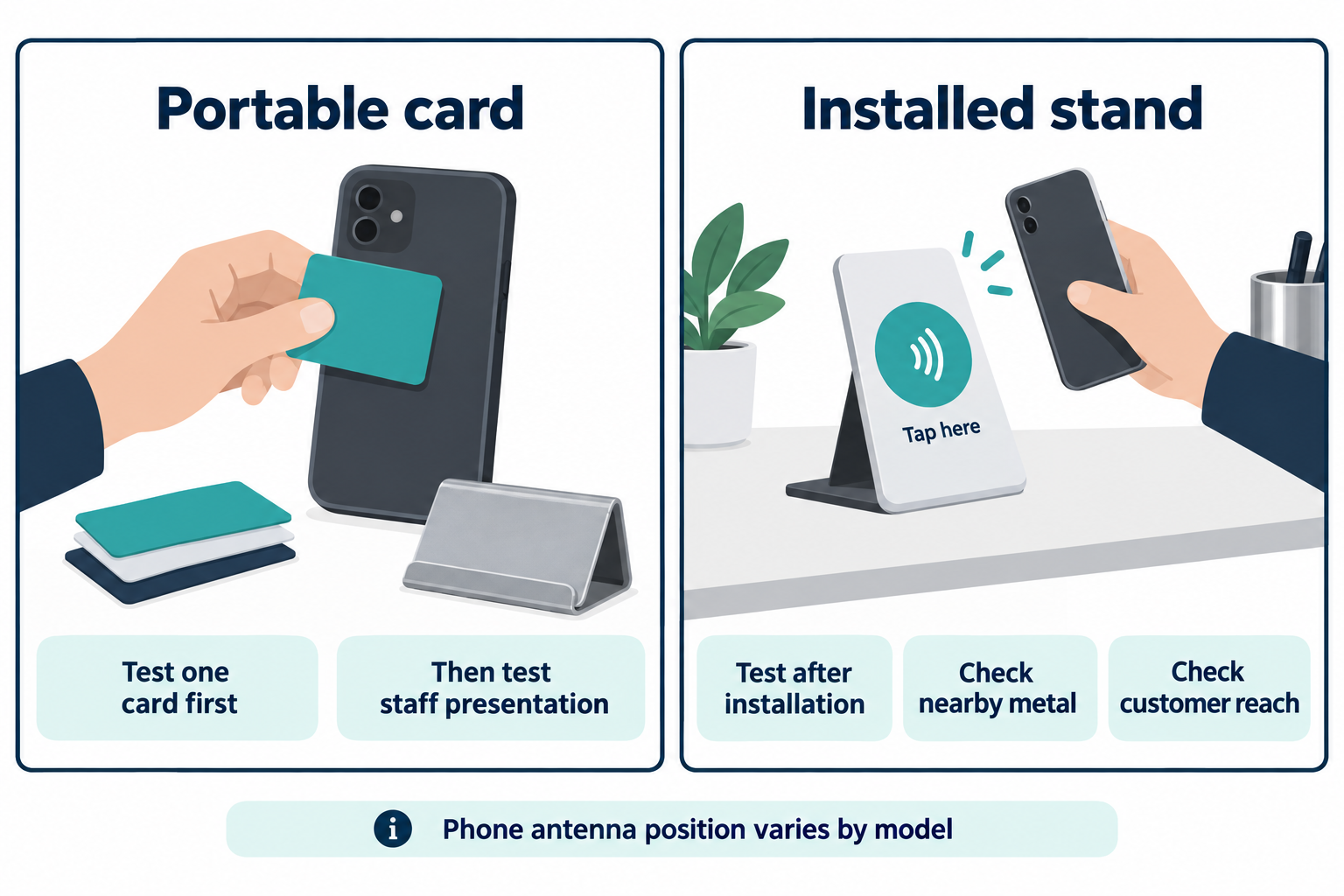 Portable card held near a phone with spare cards and a metal holder set aside, beside a countertop NFC stand with installation, nearby-metal and customer-reach checks.