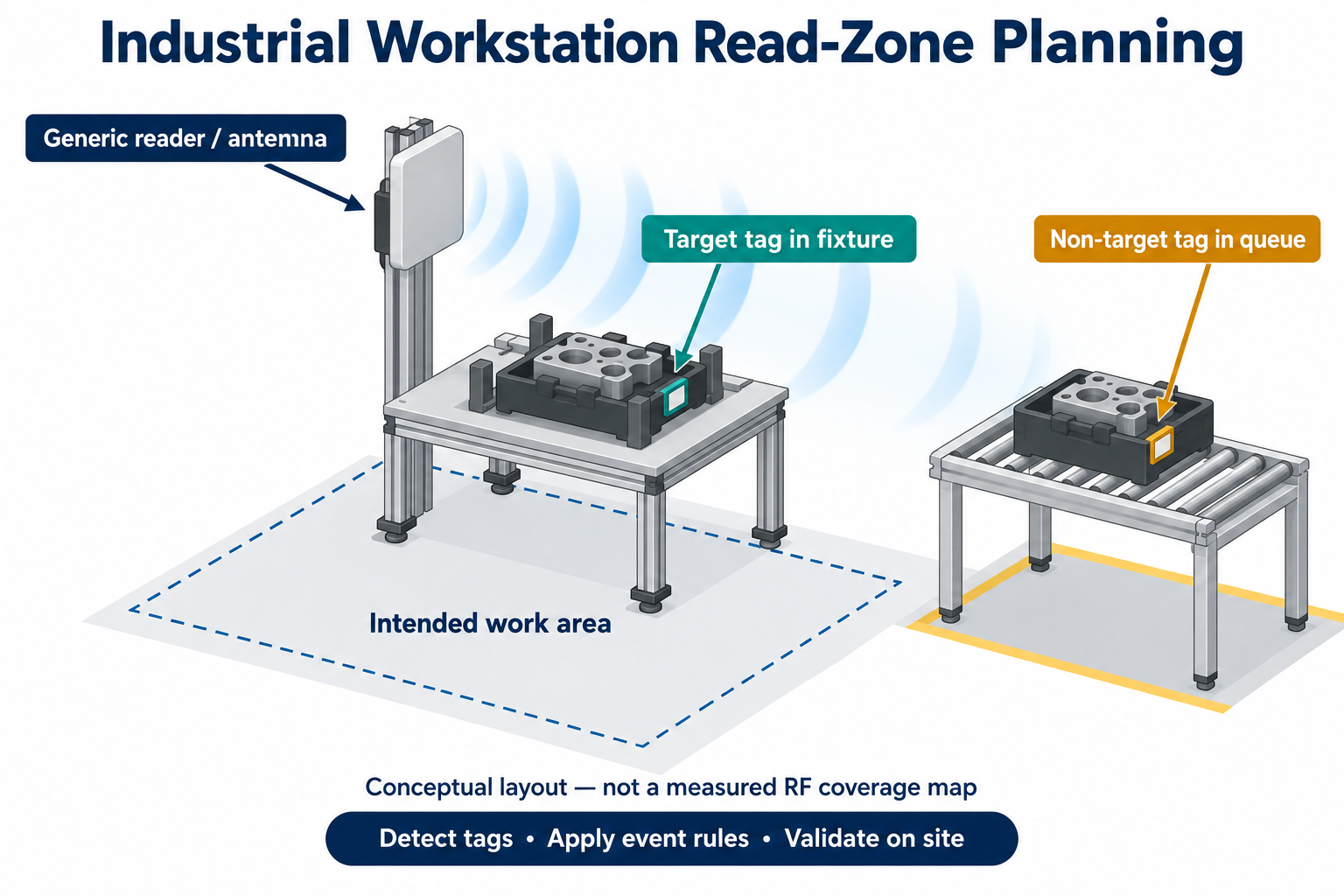 Conceptual workstation layout showing a target tag in a fixture and a non-target tag waiting in a queue.