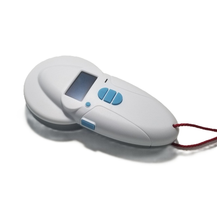 Handheld animal microchip temperature reader shown at an angle